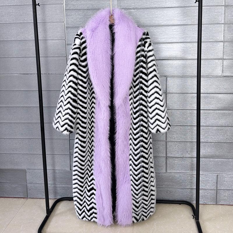 

European & American Faux Fur Toscana Patchwork Colorblock Long Pea Coat Medium