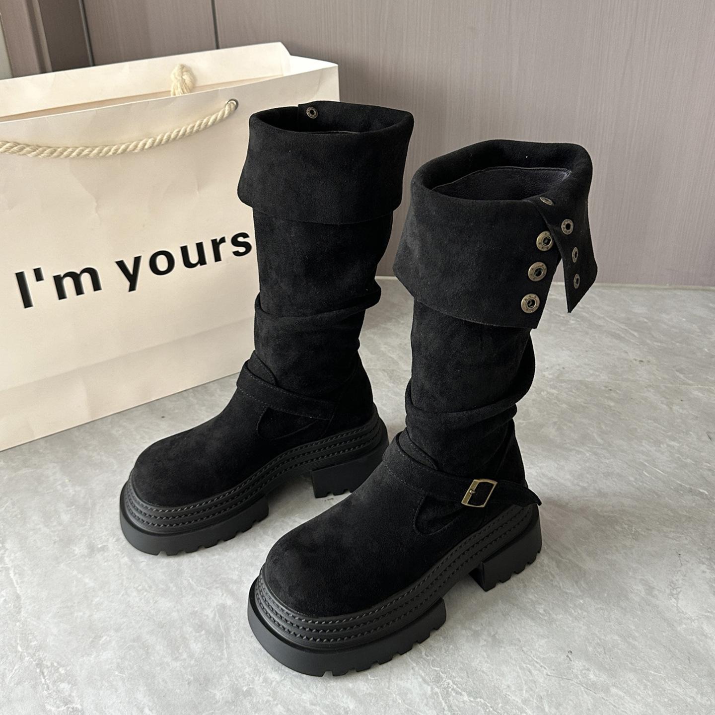 

Queen Fan retro thick-soled thick-heeled heightened boots for women s autumn 2025 new models with skirts and thin knight boots 35 чёрный