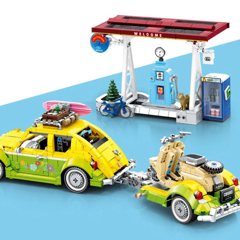 1409 bucăți Tehnic Beetle Wagon Blocuri de construcție Mașini de picnic turistic Remorcă Tractor RV Set Model de vehicul Cărămizi Jucării pentru cadou pentru copii
