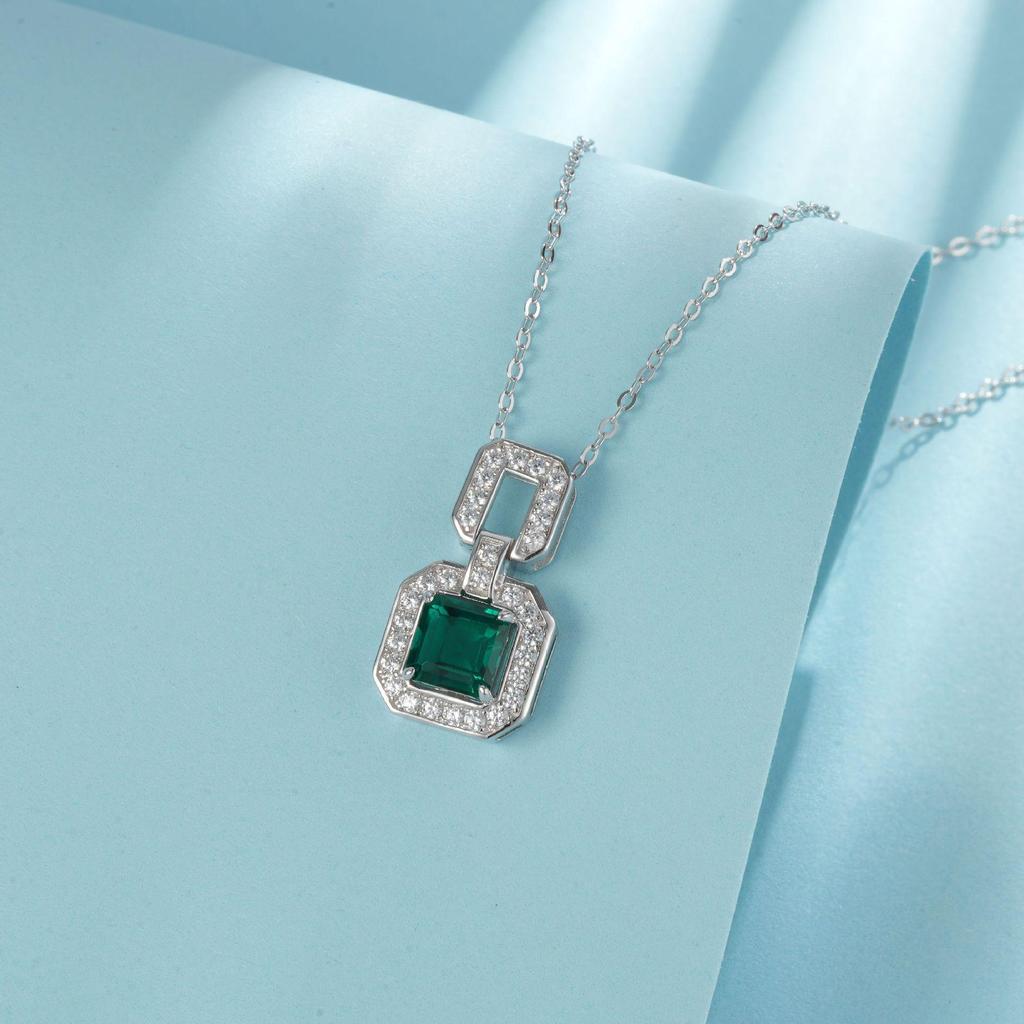 Simple Fresh Cultured Emerald Pendant S925 Silver with Lab-Synthesized Gemstone and Full Diamond Design for Women