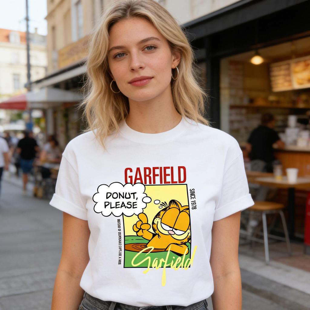 Garfield "DONUT PLEASE" Donut Funny Print Short Sleeve T-Shirt, American Streetwear Brand Heavyweight Cotton Loose Fit Oversized Couple Top