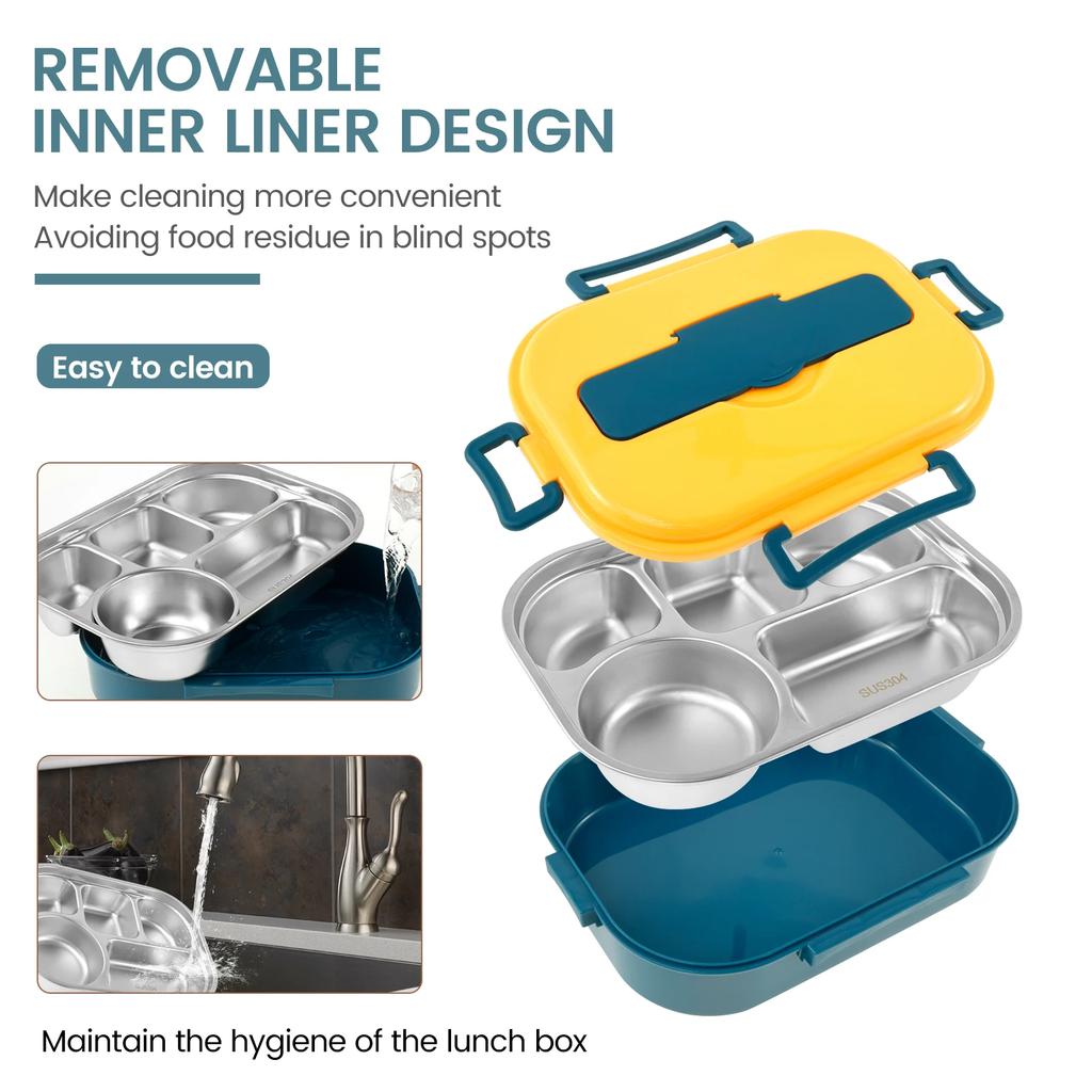 Food Container with Soup Bowl Spoon and Fork Large Capacity Food Storage Box with 5 Compartments 304 Stainless Steel Food Box