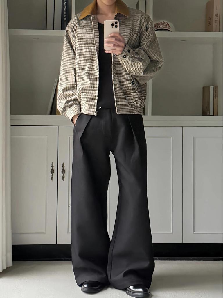 Premium Prince of Wales Check Corduroy Harrington Jacket with Contrasting Collar for Versatile Old Money Style Commuting.