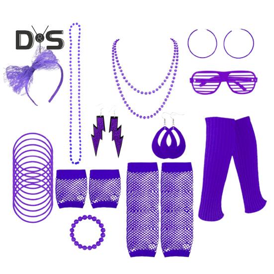 80s Neon Costume Accessories Set Knitted Leg Warmers Headband Gloves Earrings Bracelet Beaded Necklace Set Fancy Party Accessories