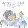 Holographic Disposable Party Set: Thick Paper Plates, Cups, and Cutlery - Perfect for Birthdays!