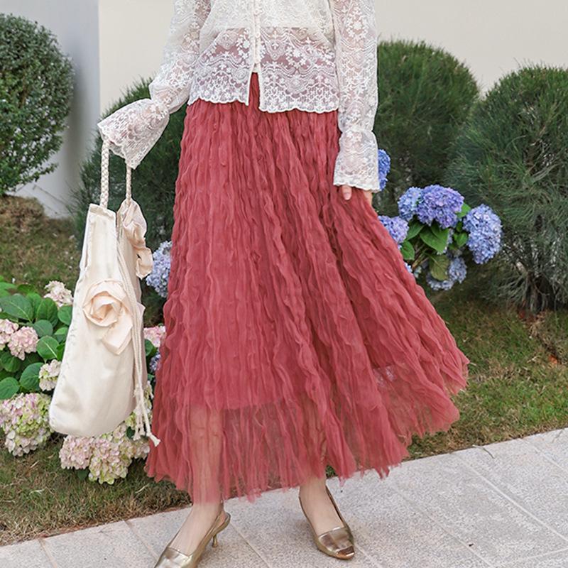 

Fiyuan Spring/Summer Apricot High Waist Pleated Mesh Fairy Dress One Size