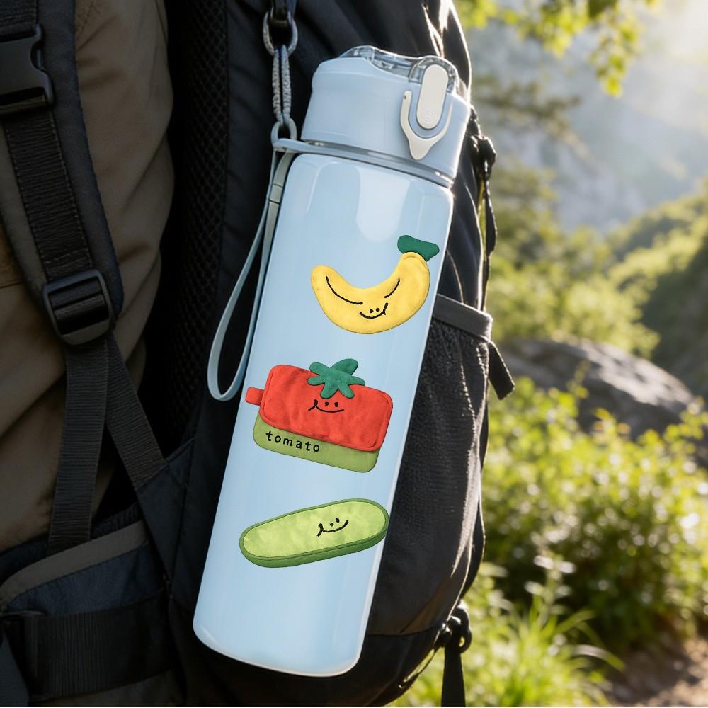 1PC Mixed Fruit Vegetable Fresh Food Print 750ml Color Plastic Sports Water Bottle Leakproof Flip Straw Lid Suitable for Sports Office Home Use
