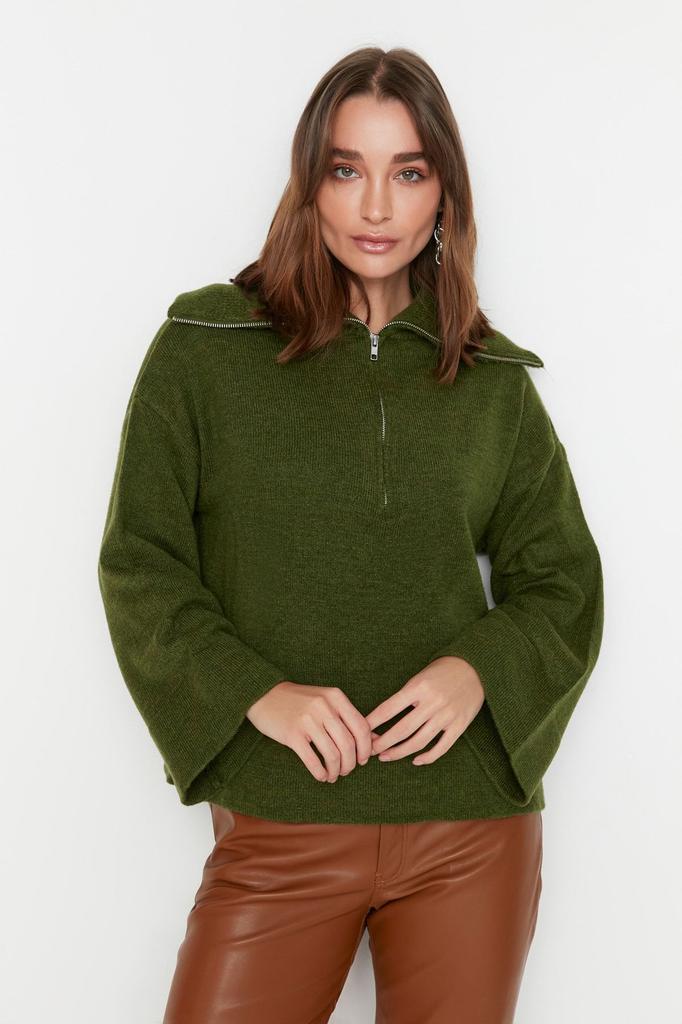 Women's Fashionable Stylish Sweater Stone Wide Fit Soft Textured Zippered Knitwear Sweater