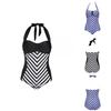 Elegante Costume da Bagno Nero con Scollo a V Profondo e Spalline Sottili Taglie Forti per Costumi da Bagno a Strisce Donna