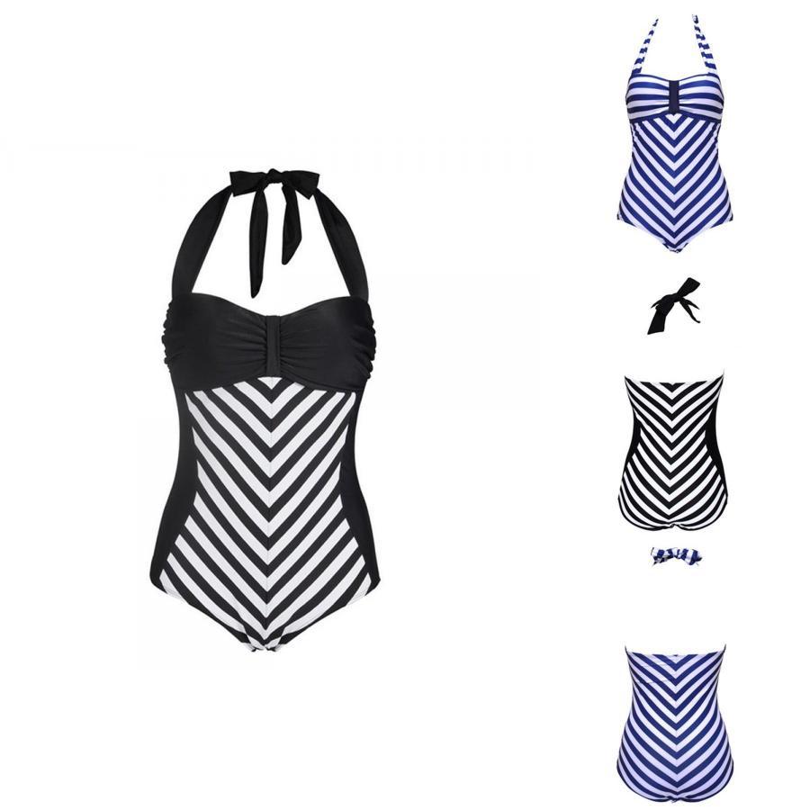 Elegante Costume da Bagno Nero con Scollo a V Profondo e Spalline Sottili Taglie Forti per Costumi da Bagno a Strisce Donna