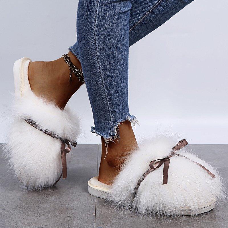 Fashion Sweet Bowknot Mix Color Faux Fur Slides Women 2025 Autumn Warm Short Plush Outdoor Slippers Soft Sole Cotton Mules Slippers