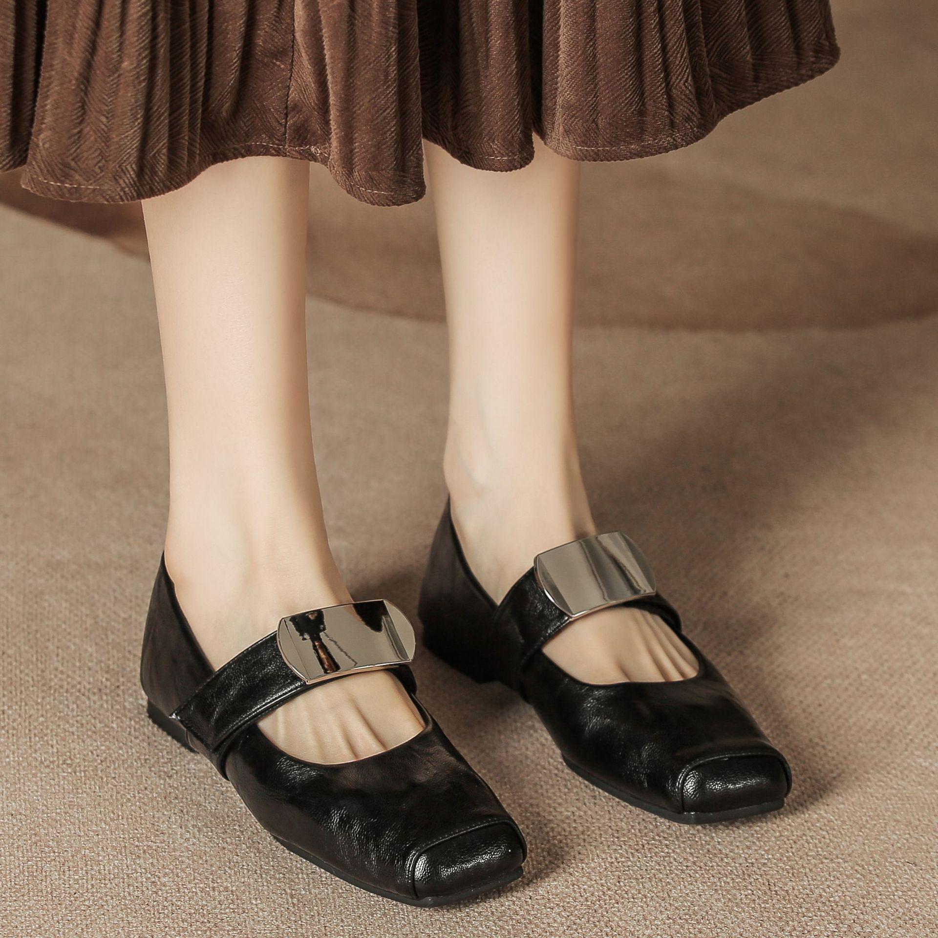 

Women Spring Mary Jane Flats Soft Sole Metal Accent Slip-On Shoes H83-1 Chunky Platform Slingback Casual Leather 40 чёрный