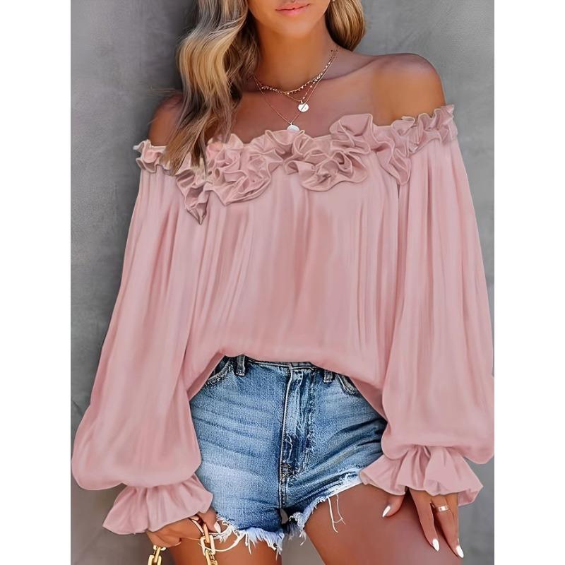 Elegant Fashion Casual Off-the-shoulder Women Blouse Long Sleeved Loose Simple Ruffled Shirt Office Ladies Tops Solid Color Tops