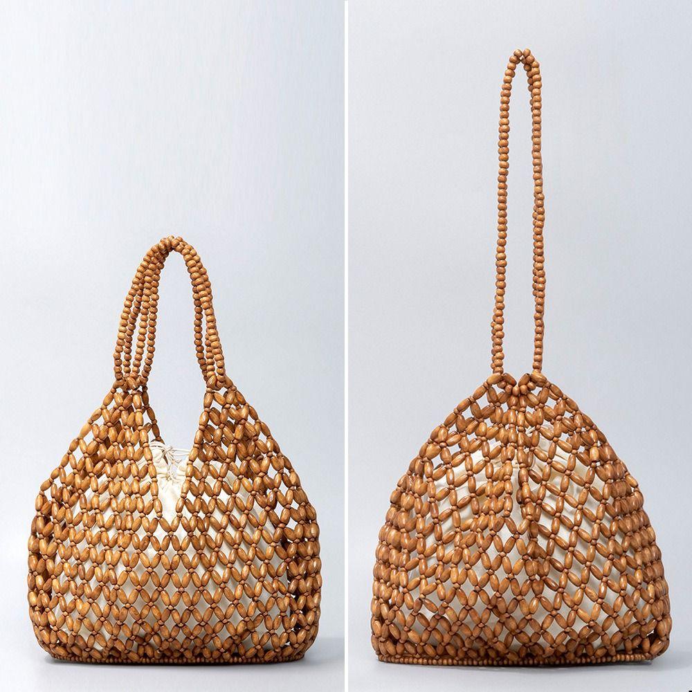Borsa a tracolla casual in poliestere con fodera e perline, grande capacità, borsa a mano tessuta a mano da donna, forma a secchiello, borsa a tracolla da donna, per abbigliamento casual