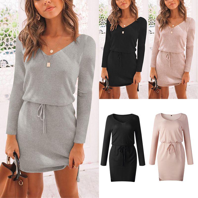 Cozy Deep V-neck Womens Knitted Jumper Sweater Dress For Autumn And Winter