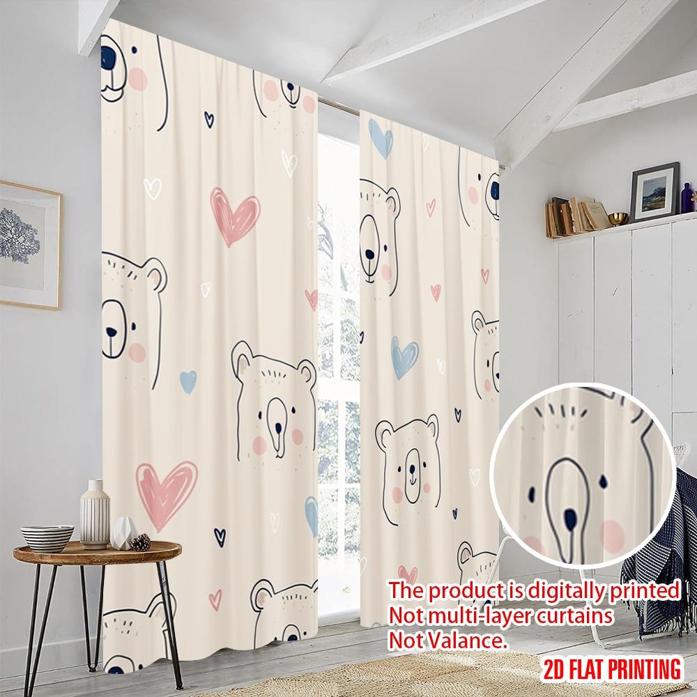 2pcs,2D Plane Printing Curtain Popular Smiling Bears and Hearts Versatile 100% Polyester (without Rod) Decorations Inside