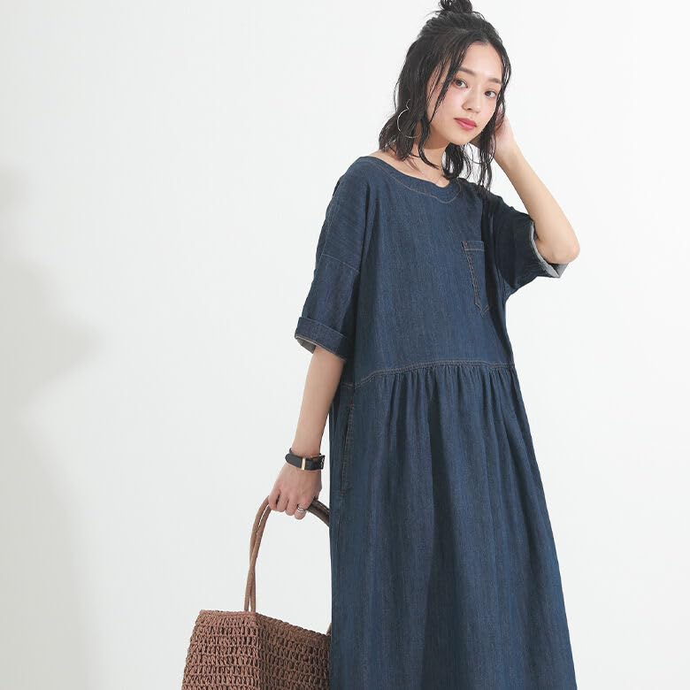 Oshare Walker Cooling Denim Gathered Long Denim Cooling To the UV Wjn0188 n'OrLABEL Dress, Women's Dress, Spring/Summer, Short/Three-Sleeve, Touch,