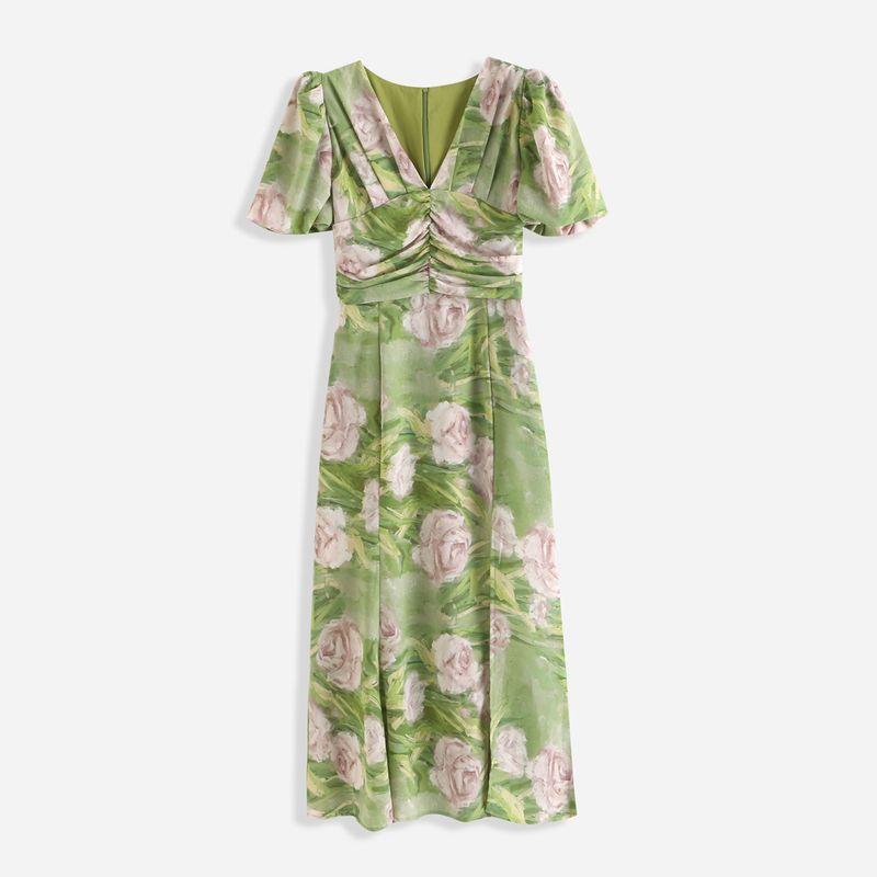 

Ozhi French Chiffon Green V Neck A- line Dress Green Print M