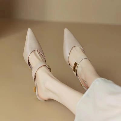 New Plus Size 35-42 Women Kitten Heels Mules Golden Rivet Pointed Toe Summer Sandals Beige Ladies Casual Med Heels Shoes
