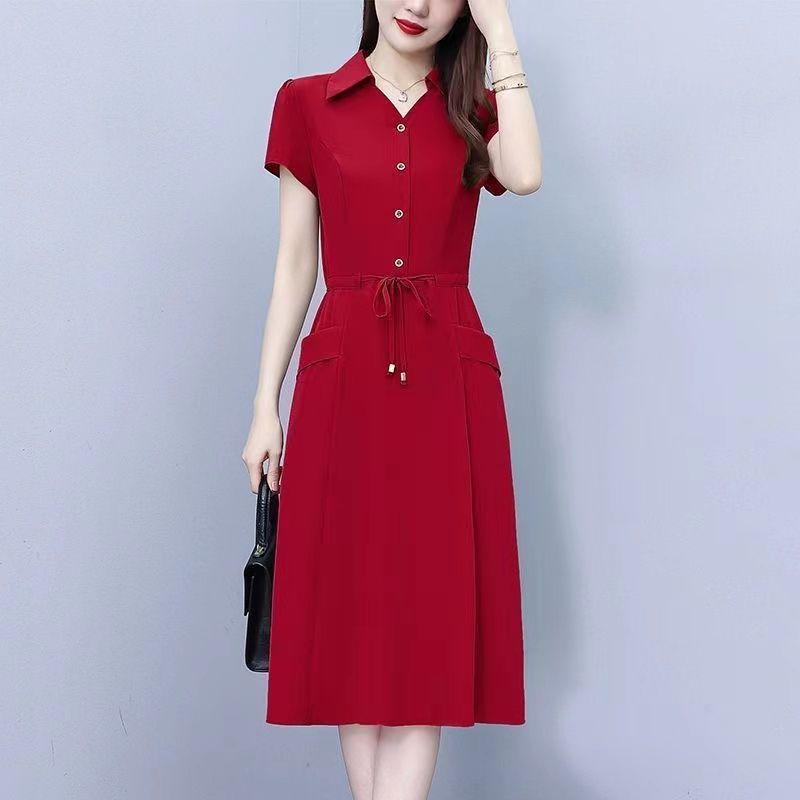 Fashion Summer Stretch Dress Elegant Slimming Midi Wrap Waist Flowy Dress