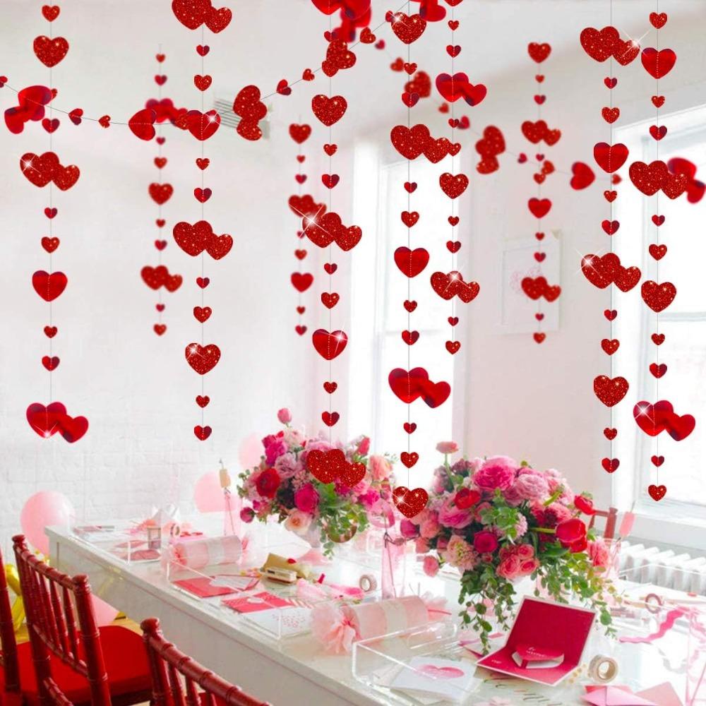 4pcs Valentines Day Party Garlands Decoration Red Heart Garland Metallic Glitter Hanging Heart Streamer Banner