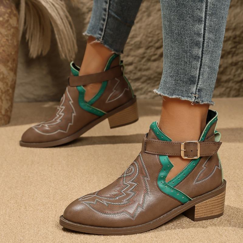 Large size women's boots new pointed-toed embroidered short boots women's belt buckle Martin boots women's