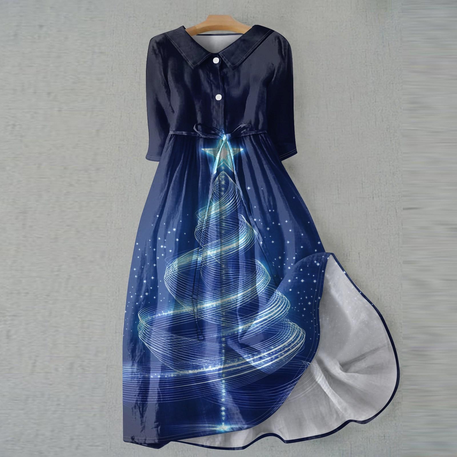 

Женское модное рождественское принтовое платье с отворотом, застегивающимся на пуговицы, рукавами-семью точками и завязками XXL циан