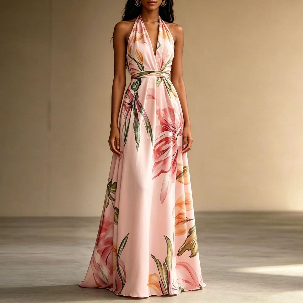 Women Neck Long Dress Backless Vacation Style Elegant Maxi Dress with Adjustable Tie and Floral Print for Summer Outings