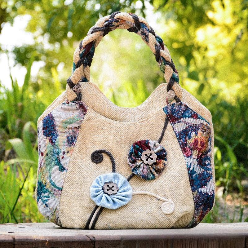 Vintage Leinen Handtasche für Damen Nationaler Stil Top-Handle Tasche Mittleren Alters Damen Schultertasche Kunst Tote Mutter Geldbörse 2025