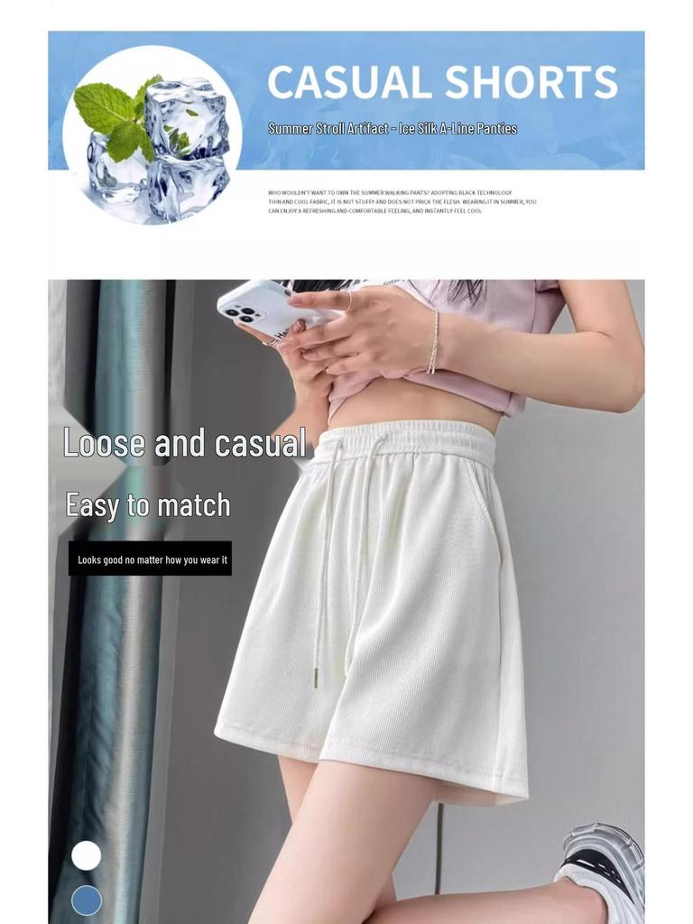 Women's High-Waist A-Line White Silk Shorts - Summer 2025 Collection, Petite Wide-Leg, Casual Sporty Style