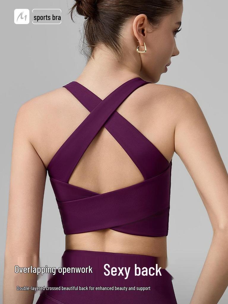 Women's Wide-Strap Cross-Over Sports Bra with Side Support, Shock Absorption, Fixed Cups, Hollow Back, Yoga Vest