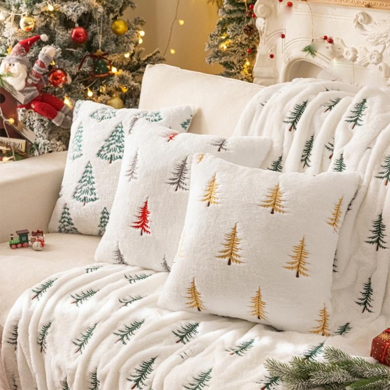 Festives Christmas Tree Embroidery Faux Furs Pillowcase Multipurpose Sofa Square Cushion Cover Bedroom Decoration