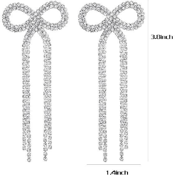 Bow Earrings Silver Rhinestone Tassel Bow Stud Bridal Earrings for Women