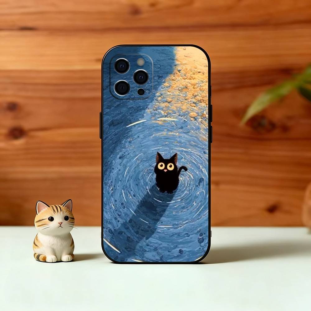 Cute Black Cat Illustration Phone Case For iPhone 17, 16,15,14,13,12,11 Plus,Pro Max, Others Soft Black Cover