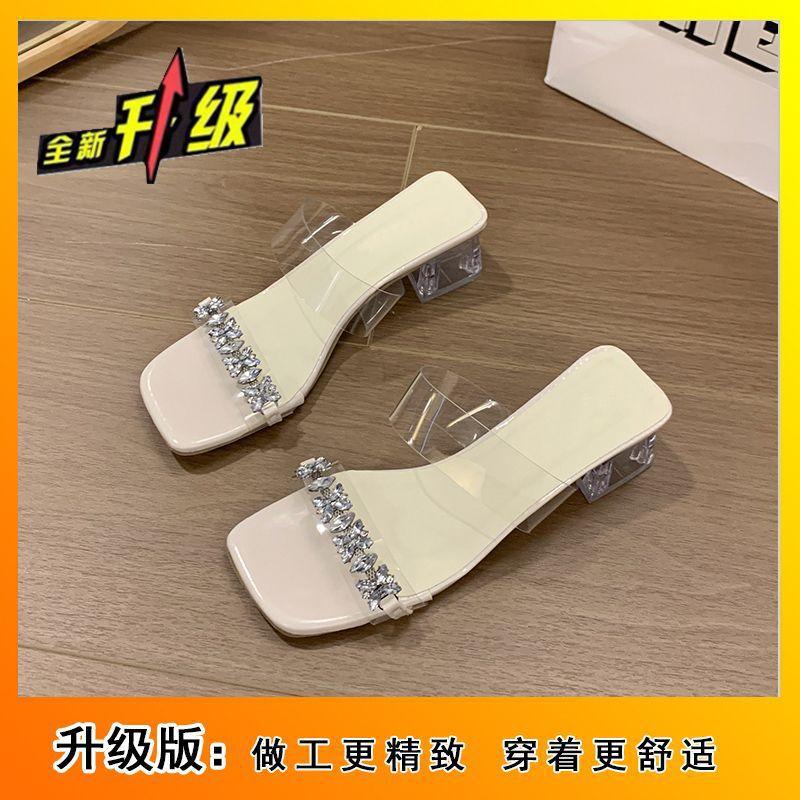 

thick heels, high heels, women s cool slippers, transparent crystal 2025 summer new models, not tired to wear, small people are popular 40