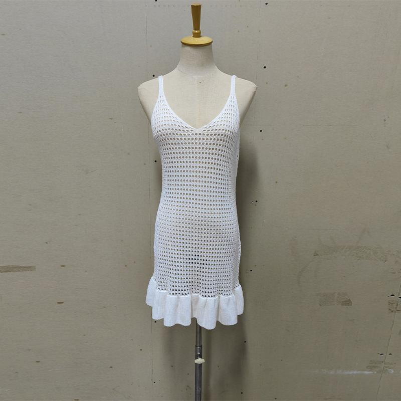 Summer Women Knitwear Knit Ruffled Hollow Out Mini Dress Female V Neck See Through Holiday Beach Casual Clothes Dress