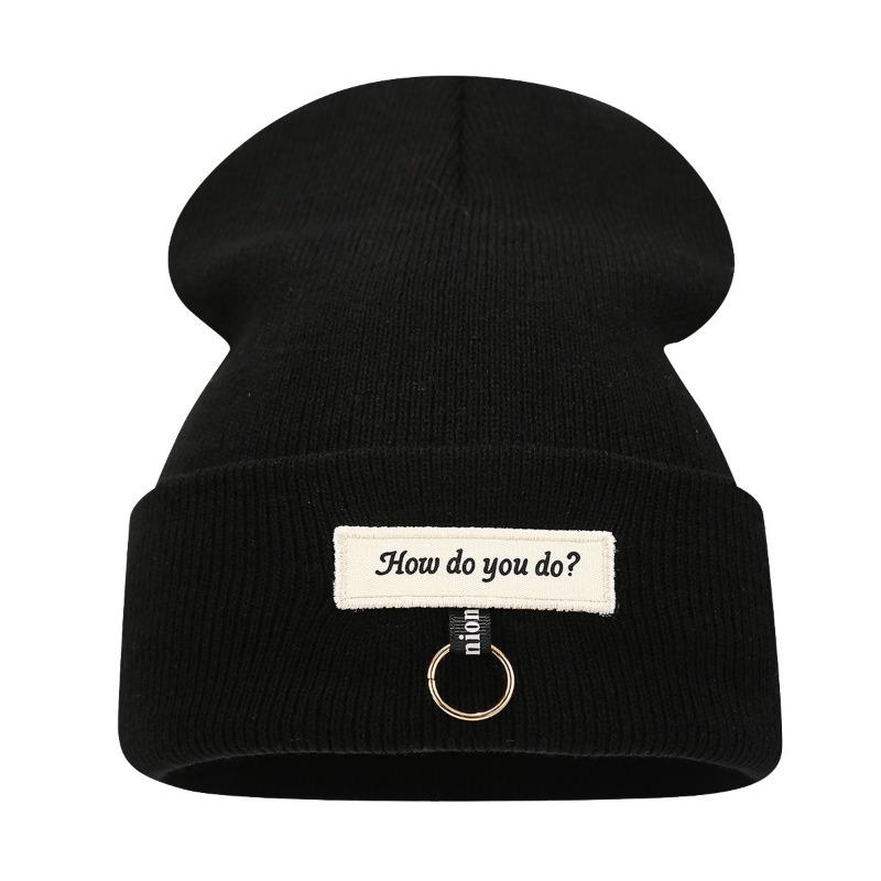 Knitted hat, iron ring, alphabet label, fashion pullover hat, autumn and winter street warm, crimped cold hat