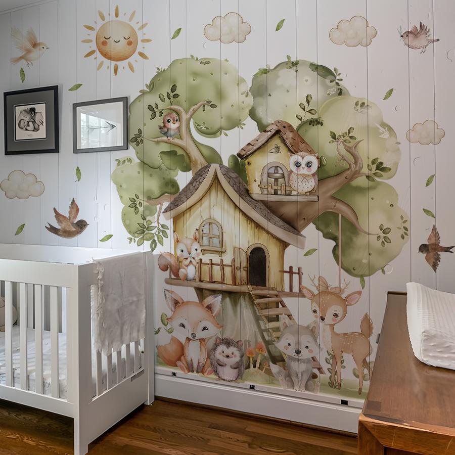 Woodland Animals Tree House Wall Decals Cute Owl Fox Deer Squirrel Hedgehog Vinyl Stickers Removable Nursery Room Decor For Kid