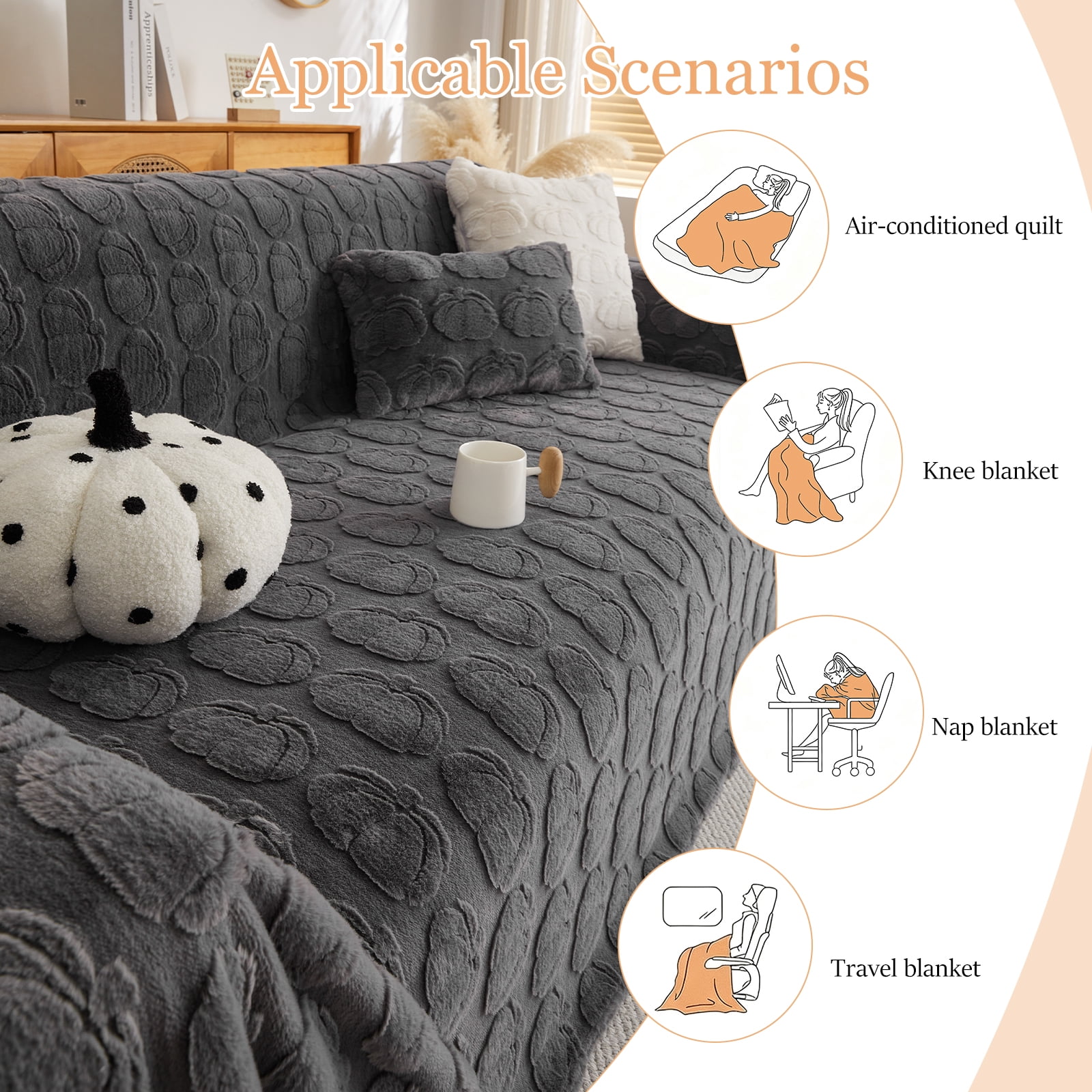Velvet Couch Cover, Non-Slip Sofa Slipcover Blanket Furniture Protector 180×300cm šedá barva