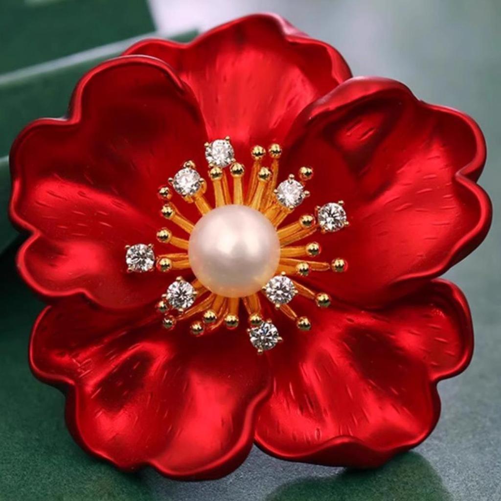 High-End Women's Red Peony Pearl Brooch Corsage for Suits and Coats