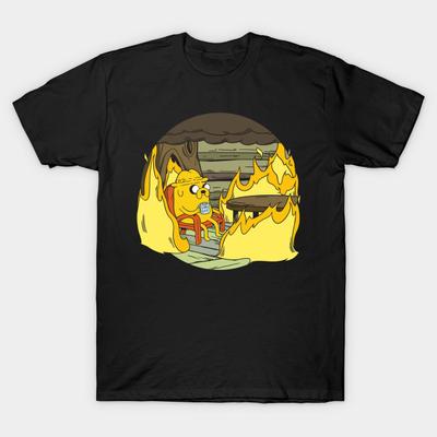 Men Black Print T-shirt Adventure Time - This Is Fine! No-Cut Transfer Paper Print Cotton Tshirt