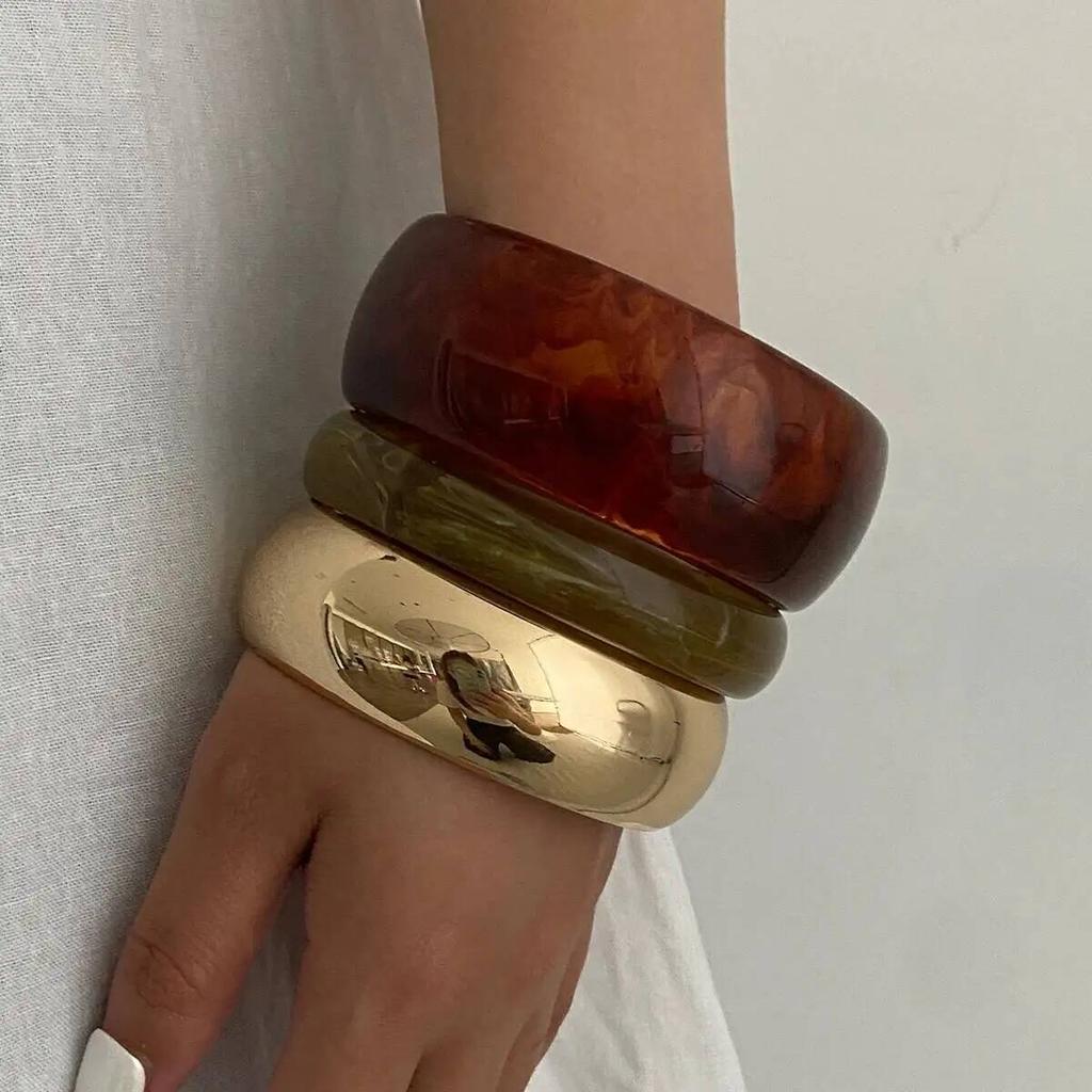 IngeSight.Z 3 Styles Boho Wide Chunky Round Acrylic Resin Bangle Women Hip Hop Geometric Metal Bracelet Stackable Charms Jewelry