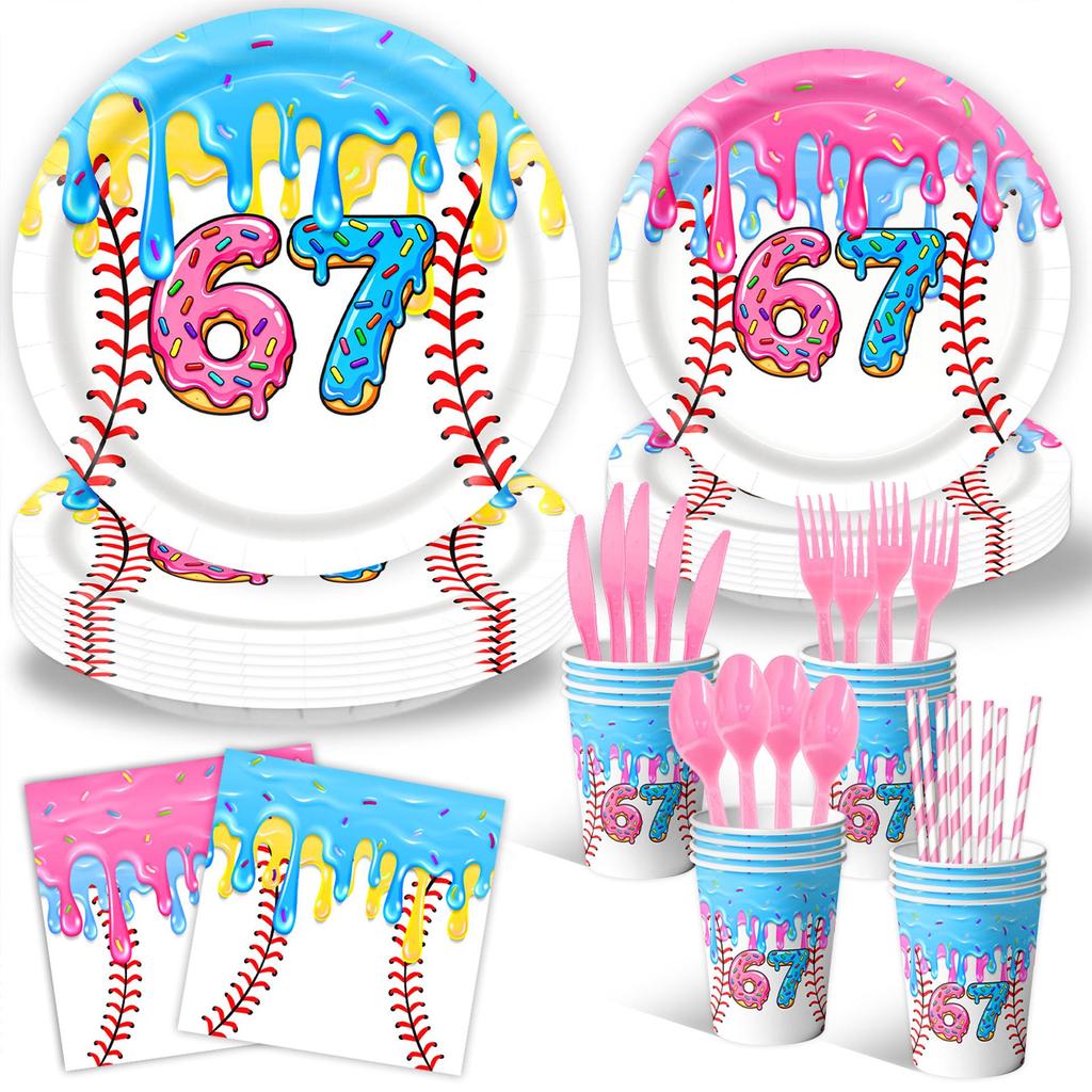 Baseball Theme Birthday Party Set: Ice Cream Donut Plates, Cups, Napkins, Tablecloth, and Cake Toppers.