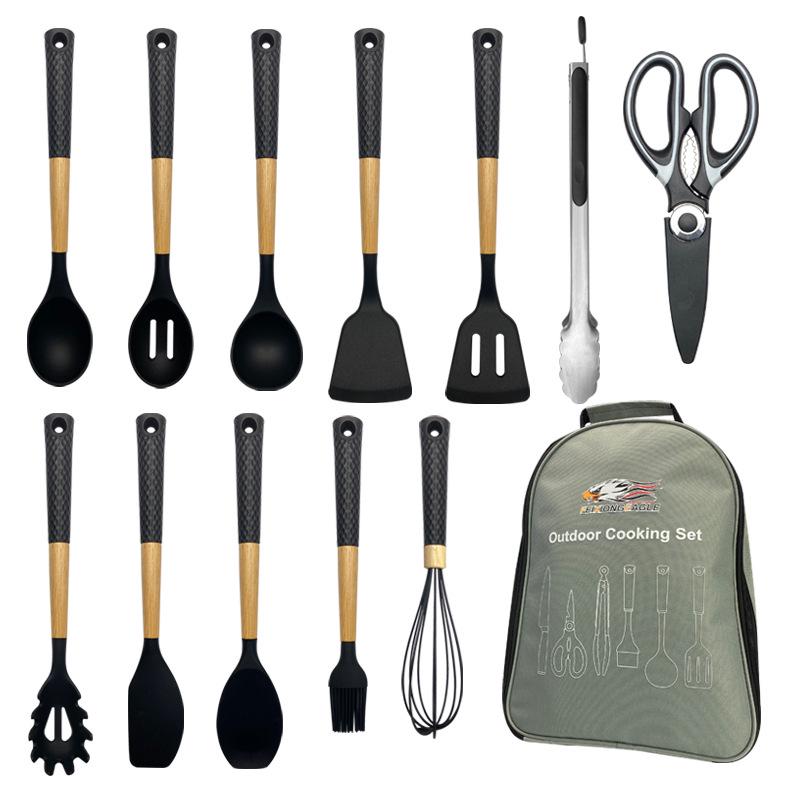 12-Piece Portable Outdoor Cookware Set with Silicone Wood Handles and Storage Tote Bag, including Picnic Soup Ladle. Silicone Kitchenware Set