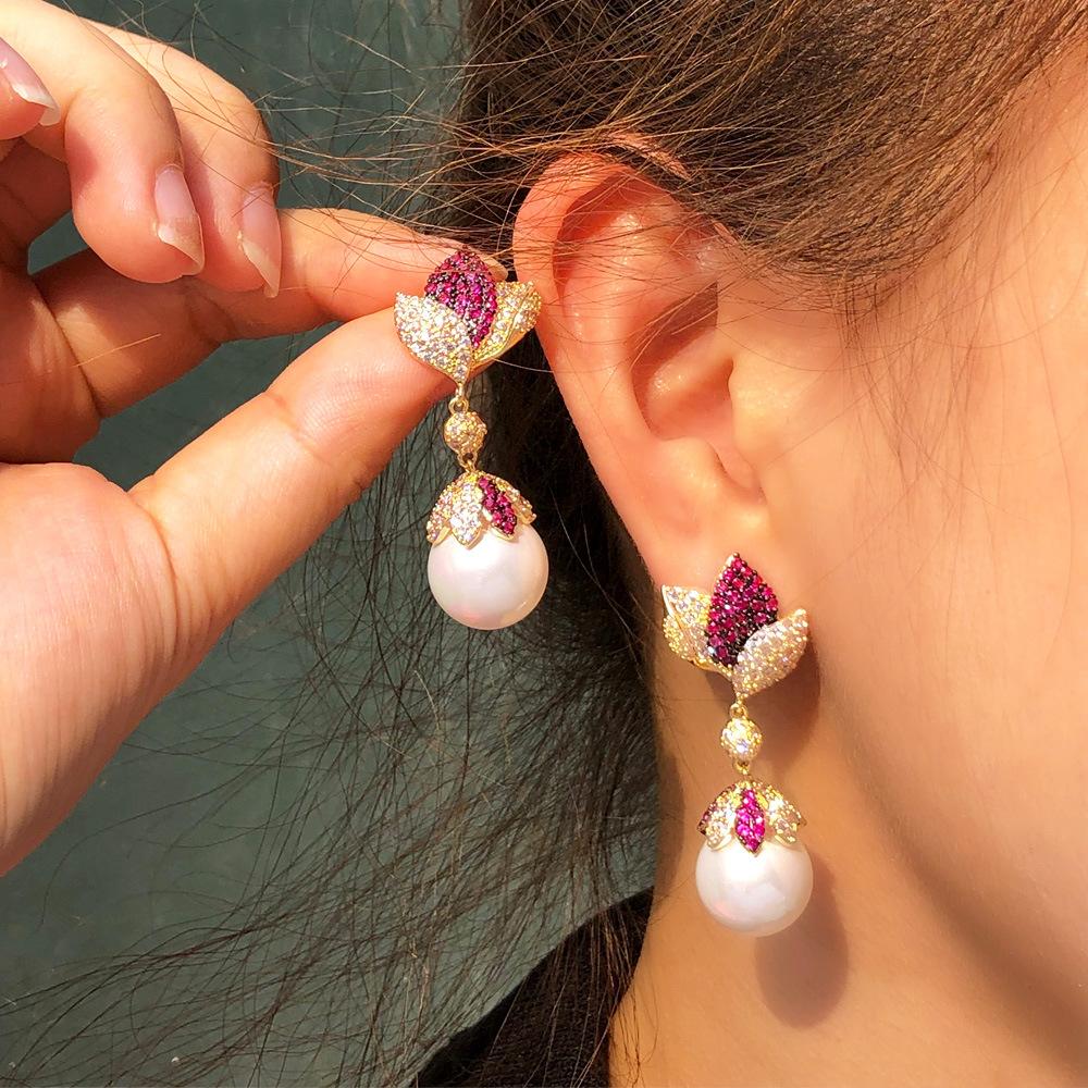 Needle Full Diamond Light Luxury Heavy Industry High-End Flower Earrings Leaf Leaves Slightly Inlaid Zircon Pearl Earrings