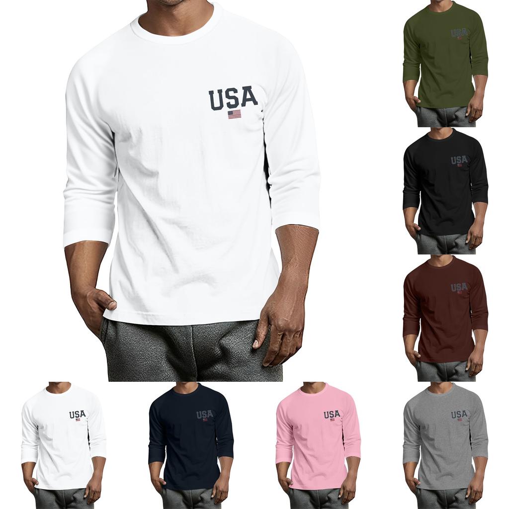 Men's casual and fashionable printed collar three-quarter sleeve top T-shirt