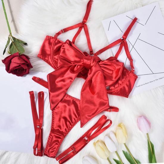 2Pcs/Set Women Sexy Faux Satin Underwear Set Lace-Up Bowknot Underwire Push-Up Bra Adjustable Strappy Thong Set