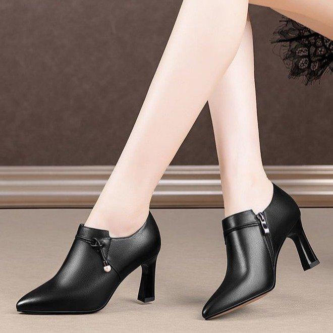 New Women's Vintage Pearl Decor Pumps   Pointed Toe Side Zip Stiletto Heel Shoes, Retro Style Deep Shoes for Fall/Winter for daily use