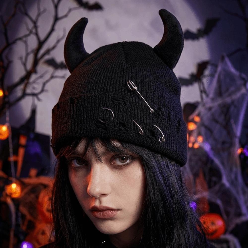 Yarn Winter Pullover Cap Solid Color Knitted Beanie Punk Devil Horns Hat Autumn/Winter