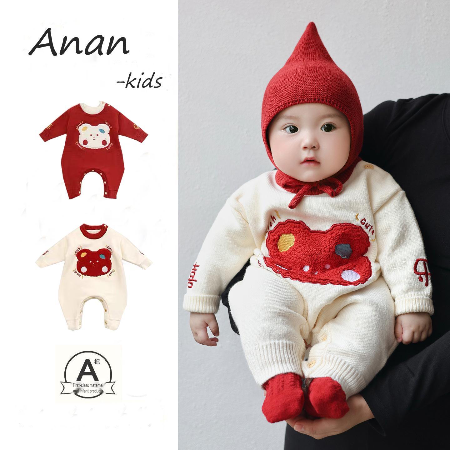 Infant & Toddler Autumn/Winter Sweater Romper: Red Festive Jumpsuit for Newborns. Size 90